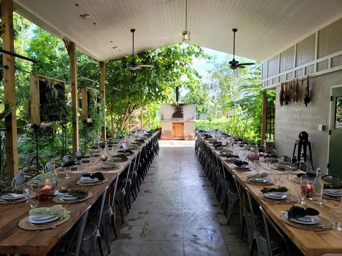Long farm-to-table dinner setup at 15th Street Farm with string lights and a wood-fired oven