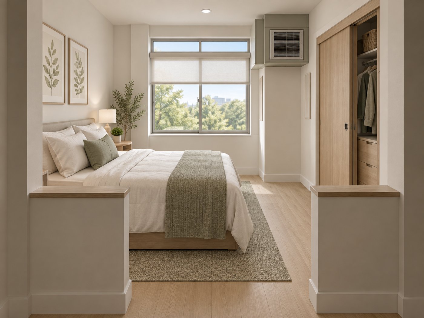 1-bedroom Ease unit bedroom with built-in headboard and sliding closet doors