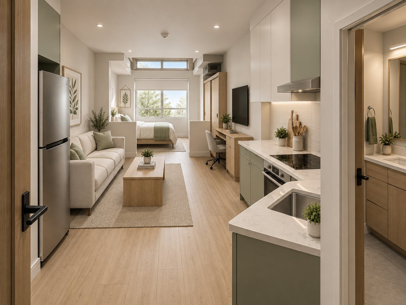 Ease apartment kitchen with full-size appliances and built-in storage
