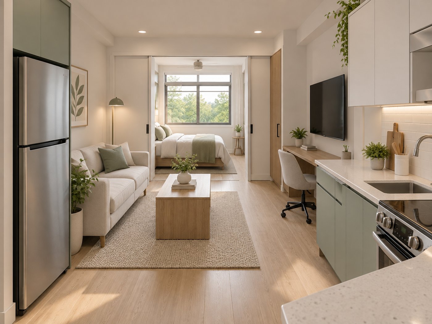 1-bedroom Ease unit living area with sofa, built-in desk, and kitchenette