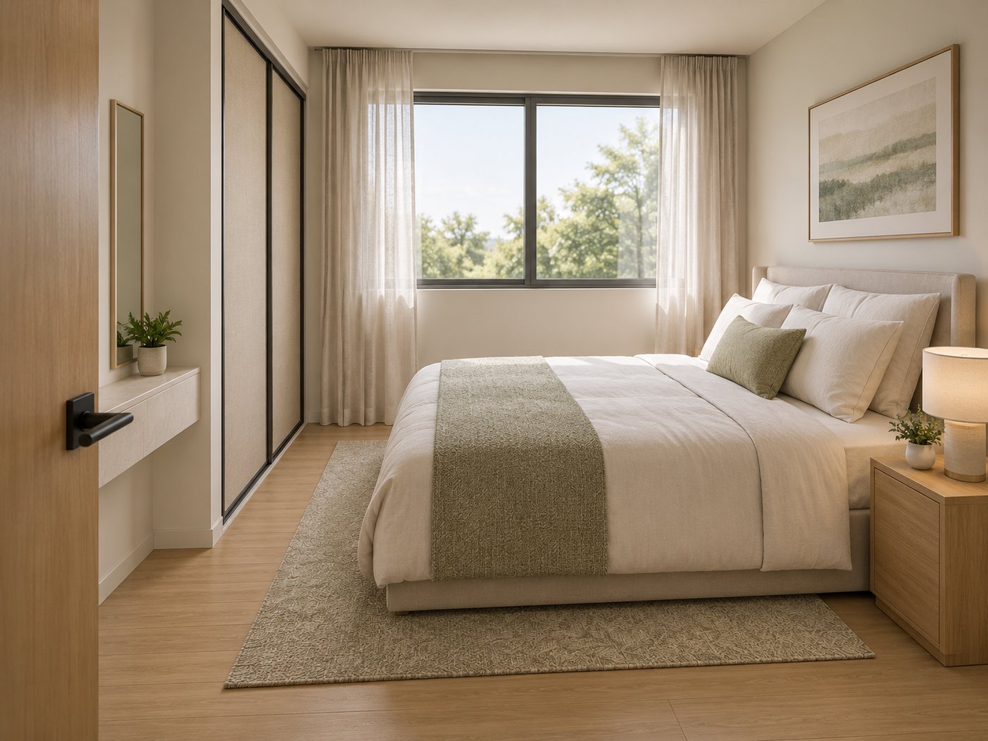 2-bedroom Ease unit primary bedroom with built-in closet and window