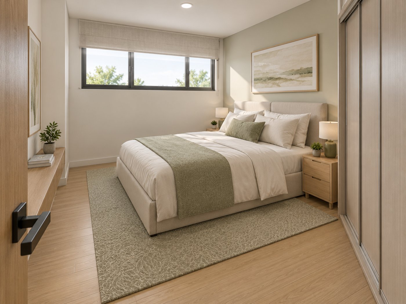 2-bedroom Ease unit second bedroom with sage accent wall and sliding closet