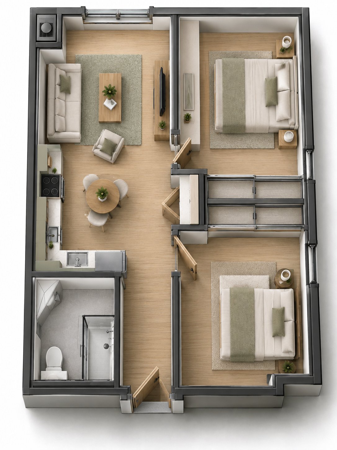 2-bedroom Ease unit floor plan with shared living area, kitchen, and two private bedrooms
