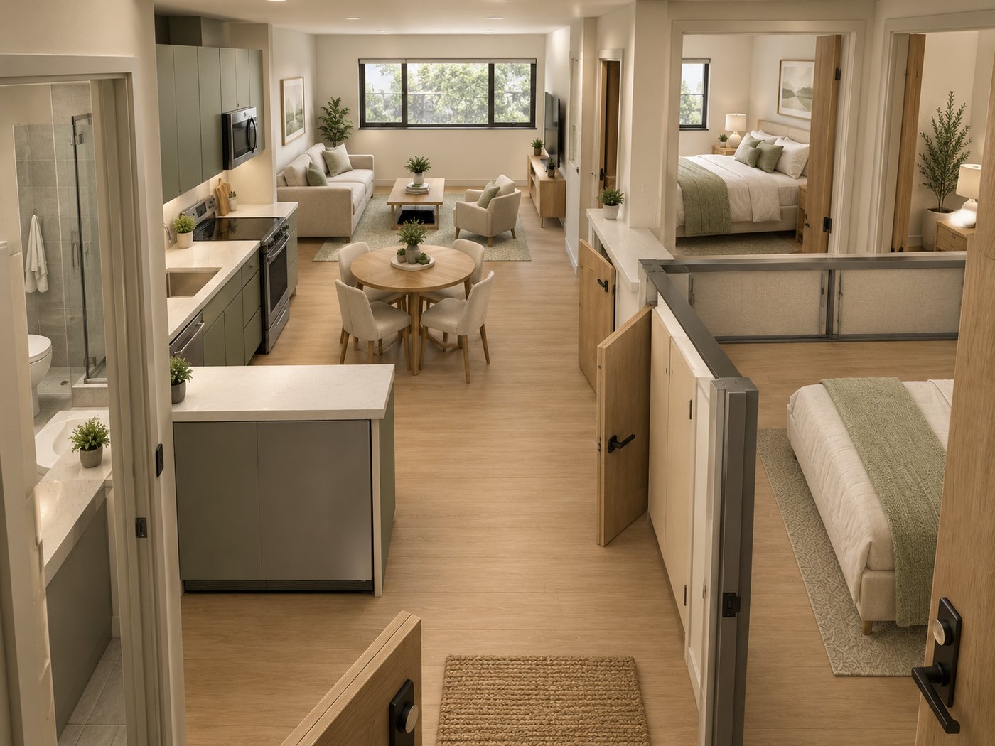 2-bedroom Ease unit shared living area, dining table, and kitchen with both bedrooms visible