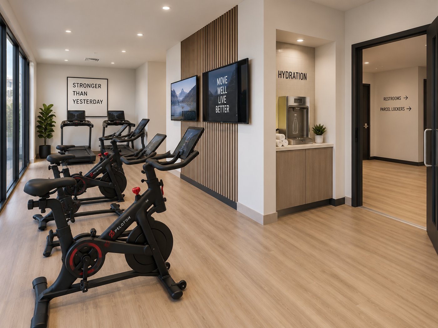 On-site fitness room with cycling bikes, treadmills, and a hydration station