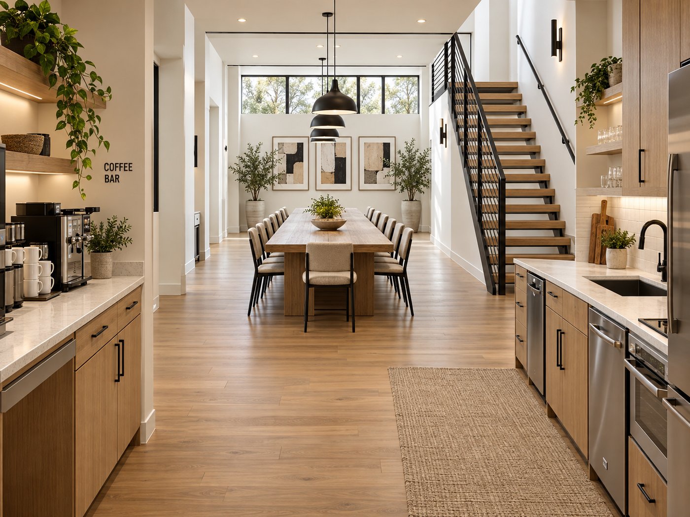 Shared commercial kitchen and community dining table with a coffee bar