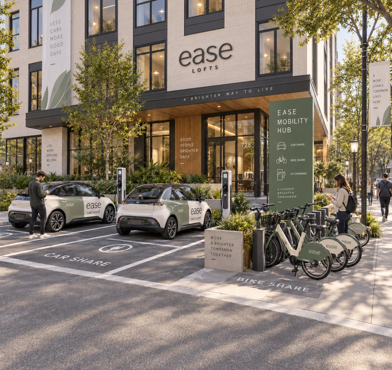 Ease Mobility Hub with car share vehicles, bike share, and EV charging out front of an Ease community