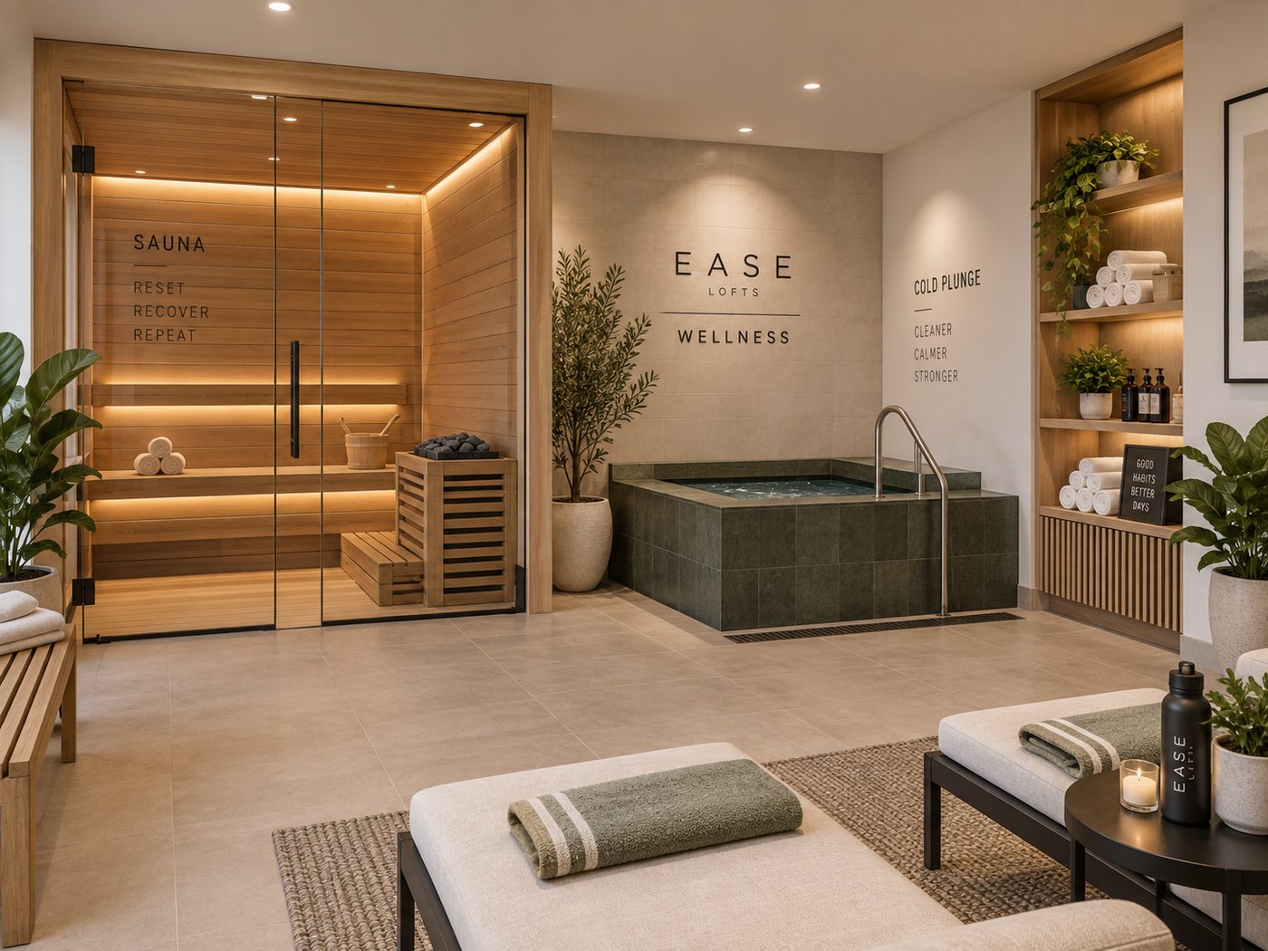 Sauna and cold plunge wellness room