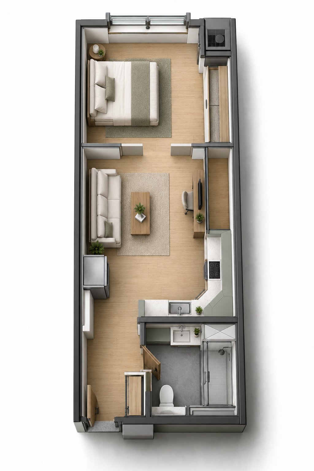 1-bedroom Ease unit floor plan, top-down view