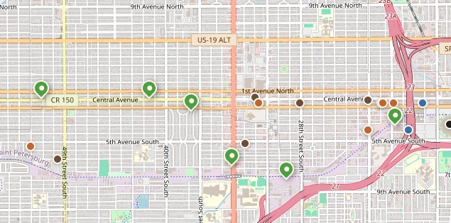 Map of downtown St. Petersburg showing all six Ease community locations