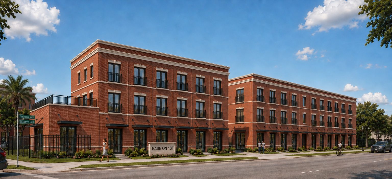 Ease on 1st, a brick apartment community on a walkable street